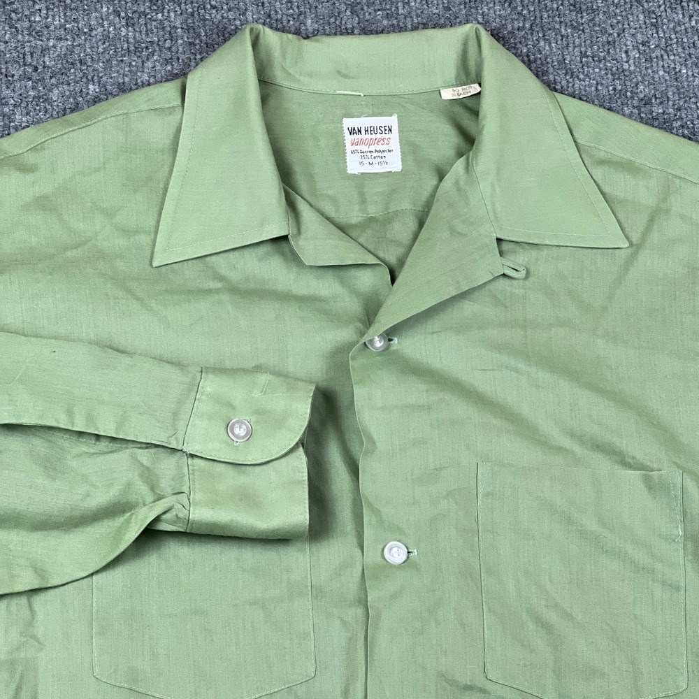 Vintage 60s Van Heusen Shirt Mens M Green Vanopress Camp Loop Collar Rockabilly